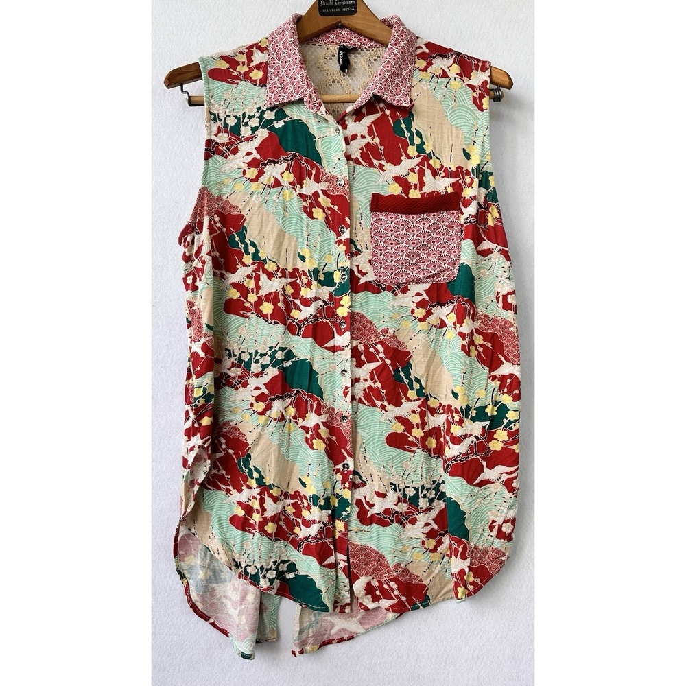 Smash Button Up Crochet Crane Boho Women XL Red Excellent